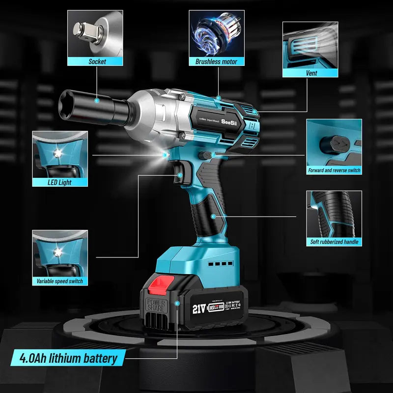 Seesii Electric Brushless Impact Wrench, Cordless Pistola De Impacto with 2x4.0 Battery, 6 Sockets, 8 Drills, 6 Screws - Ideal for Car & Home