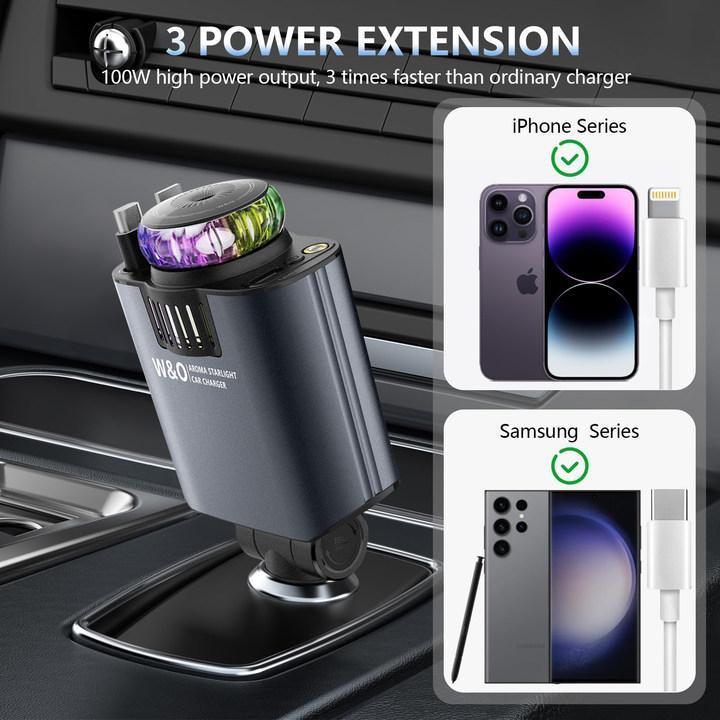 2025 Starlight 5-in-1 Car chargers | Retractable Fast Charger with Dual Ports, USB-C & Lightning Cable |