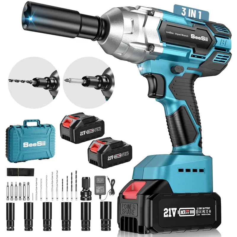 Seesii Electric Brushless Impact Wrench, Cordless Pistola De Impacto with 2x4.0 Battery, 6 Sockets, 8 Drills, 6 Screws - Ideal for Car & Home