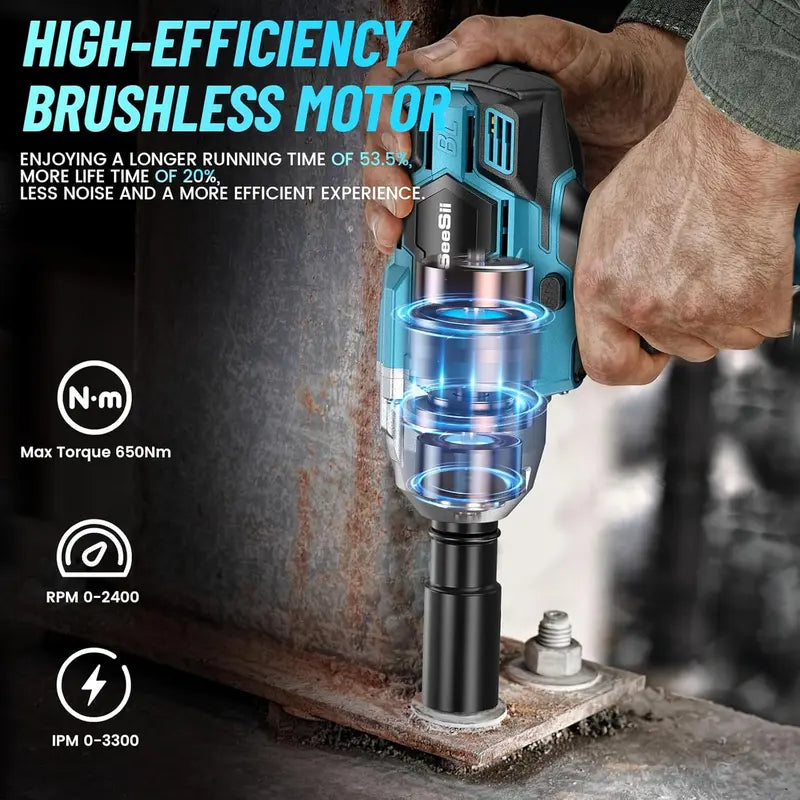 Seesii Electric Brushless Impact Wrench, Cordless Pistola De Impacto with 2x4.0 Battery, 6 Sockets, 8 Drills, 6 Screws - Ideal for Car & Home